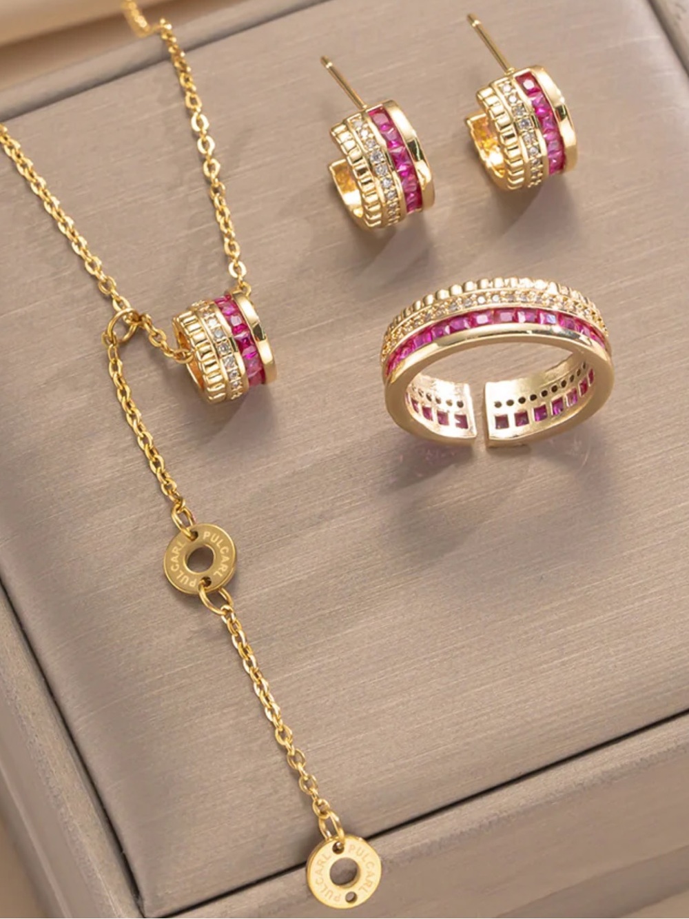 18K Gold Plated Women's Jewelry Set with Pink Stones - NWOT